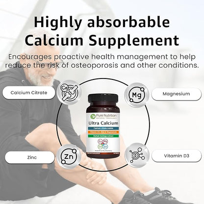 Pure Nutrition Ultra Calcium 1000mg with VIT D3 + K2 | 270 Tabs (90 X Pack of 3) | Highly absorbable Calcium Supplement with Calcium Citrate Malate, VIT D3, K2, Moringa Oleifera, Magnesium and Zinc.