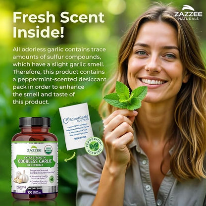Zazzee USDA Organic Odorless Garlic 20:1 Extract, 5000 mg Strength, 100 Vegan Capsules, 3+ Month Supply, Standardized, Concentrated 20X Extract, 100% Vegetarian, All-Natural, Non-GMO, Made in The USA