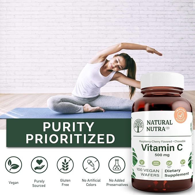Natural Nutra Vitamin C Supplement for Kids and Adults, Immune Booster, Helps Supports Bone Health, Protect Skin and Heart Health, Improve Skin Texture, Vegetable Source, 500 mg, 100 Vegan Wafers