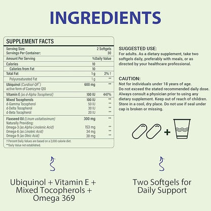 CoQ10 600mg Softgels | High Absorption CoQ10 Ubiquinol Supplement | Reduced Form Enhanced with Vitamin E & Omega 3 6 9 | Antioxidant Powerhouse Good for Health| 60 Softg
