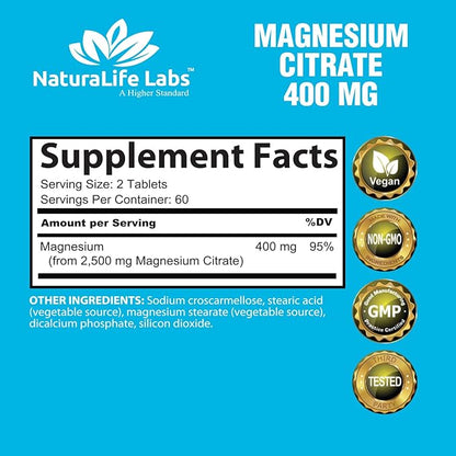 Magnesium Citrate 400 mg - High Potency Elemental Magnesium Essential Mineral for Heart, Muscle, & Digestion Support – Non-GMO - 120 Tablets