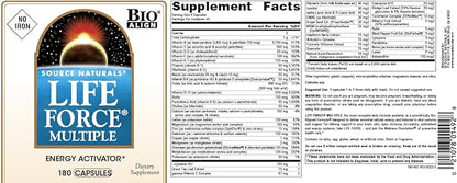 Source Naturals Life Force Multiple, Energy Activator* Iron Free, Daily Multivitamin High Potency Essential Vitamins, Minerals, Antioxidants & Nutrients - 180 Capsules