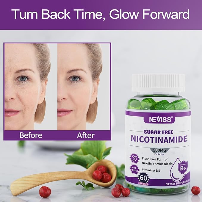 Sugar Free Nicotinamide 500mg Gummies, (Flush Free Niacin) Vitamin B3 Niacinamide Supplement for Cell Regeneration, NAD+ Levels, Anti-Aging, Cellular Energy, Focus & DNA Repair, Longevity, 60Cts