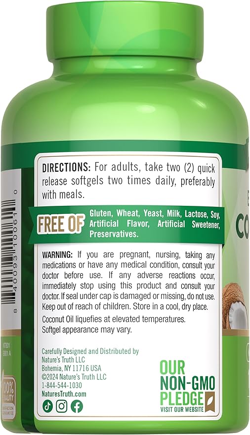 Nature's Truth Coconut Oil Supplement | 100 Softgels | Naturally Occurring MCTs | Non-GMO & Gluten Free