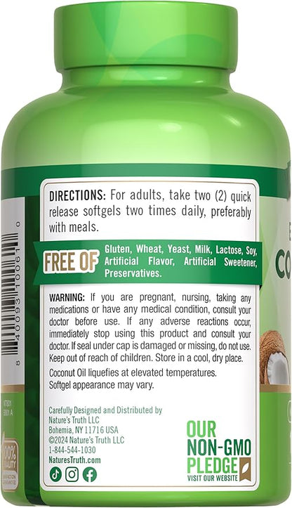 Nature's Truth Coconut Oil Supplement | 100 Softgels | Naturally Occurring MCTs | Non-GMO & Gluten Free