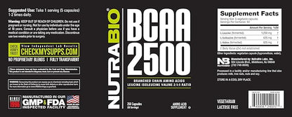 NutraBio – BCAA 2500 – Branched Chain Amino Acids – Support New Muscle Growth and Prevent Muscle Breakdown – 250 Capsules