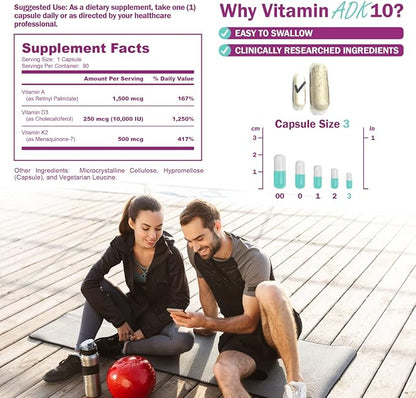 ADK 10 Supplement - Potent A, K2 & D3 Vitamin Supplement 10000 IU for Bone, Heart & Immune Support - 90 Count Easy-to-Swallow Vitamin ADK Supplement Capsules (3 Month Supply)