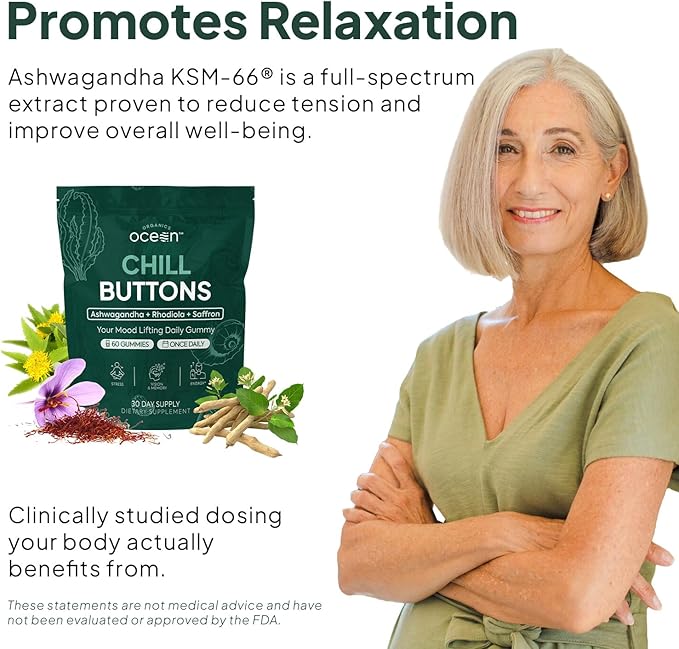 Chill Buttons - Organic Ashwagandha Reduces Tension, Enhances Memory and Vision, and Brightens Mood - Contains Ashwagandha KSM-66, Rhodiola Rosea, and Organic Saffron