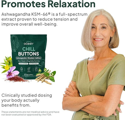 Chill Buttons - Organic Ashwagandha Reduces Tension, Enhances Memory and Vision, and Brightens Mood - Contains Ashwagandha KSM-66, Rhodiola Rosea, and Organic Saffron