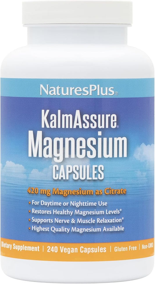 NaturesPlus KalmAssure Magnesium - 240 Vegan Capsules - Highly Bioavailable Magnesium Citrate - Supports Nerve & Muscle Relaxation - 60 Servings