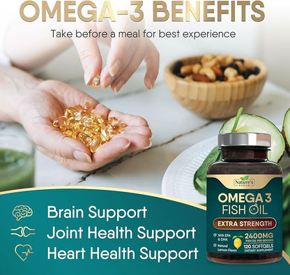Triple Strength Omega 3 Fish Oil Supplement, EPA & DHA Fish Oil Omega 3 Essential Fatty Acids Supplement Softgels, 2400 mg Brain & Heart Health Support Supplements, Gluten Free, Non-GMO, 120 Softgels