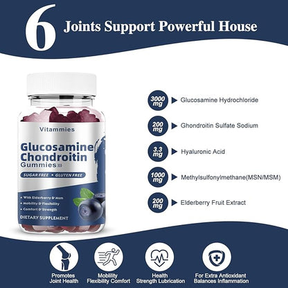 Glucosamine Chondroitin Gummies with MSM & Elderberry Extra Strength - Joint Support, Antioxidant Immune Support Supplement for Adults, Men & Women - 60 Blueberry Gummies