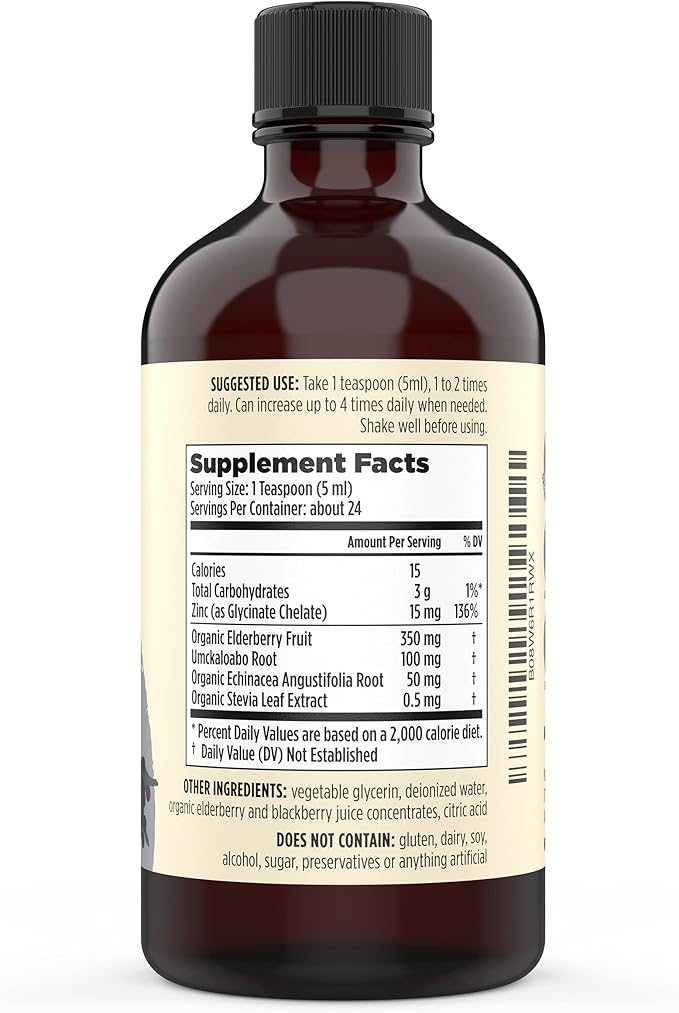 Liquid Zinc (Glycinate Chelate) with Organic Elderberry & Echinacea (High in Quercetin) | 4-in-1 Immune Suport Supplement for Adults & Kids, Great Tasting | Alcohol & Gluten Free, Non GMO (4.0 Oz)