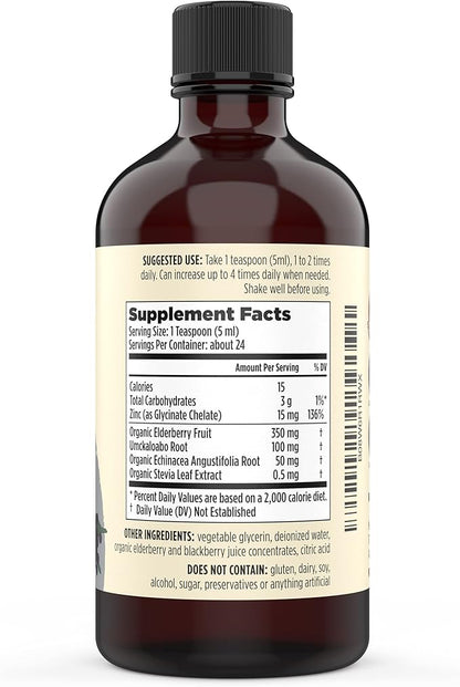 Liquid Zinc (Glycinate Chelate) with Organic Elderberry & Echinacea (High in Quercetin) | 4-in-1 Immune Suport Supplement for Adults & Kids, Great Tasting | Alcohol & Gluten Free, Non GMO (4.0 Oz)