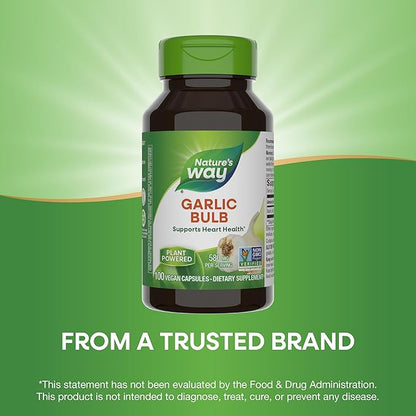 Nature's Way Garlic Bulb, Supports Heart Health*, Non-GMO Project Verified, 580 mg per Serving, Vegan, 100 Capsules (Packaging May Vary)