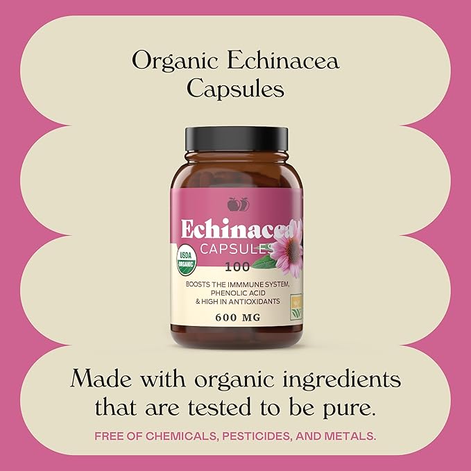 Complete Natural Products Organic Echinacea Root Capsules & Purpurea Root Dried Powder Extract - 600mg 100 Veggie Pills Healthy Herbal Support