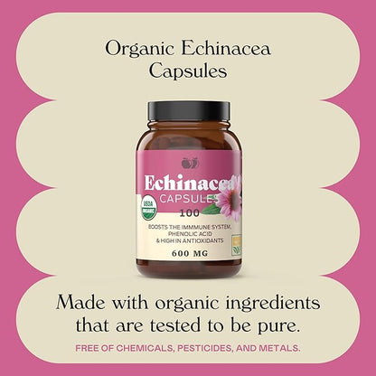 Complete Natural Products Organic Echinacea Root Capsules & Purpurea Root Dried Powder Extract - 600mg 100 Veggie Pills Healthy Herbal Support