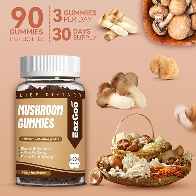 Mushroom Gummies Supplement - with Ashwagandha, Lions Mane, Shitake Mushrooms, Turkey Tail, Chaga, and Cordyceps Mushroom for Immune Health, Mood & Stress Support (180 Gummies)
