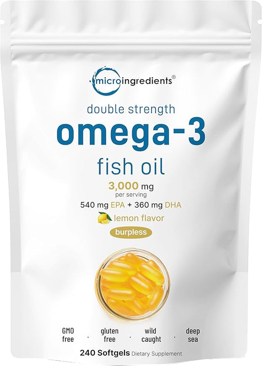 Micro Ingredients Omega 3 Fish Oil Supplements 3,000mg Per Serving, 240 Softgels | Lemon Flavored – Burpless | EPA 540mg + DHA 360mg | Heart & Brain Support | Deep Sea Fish
