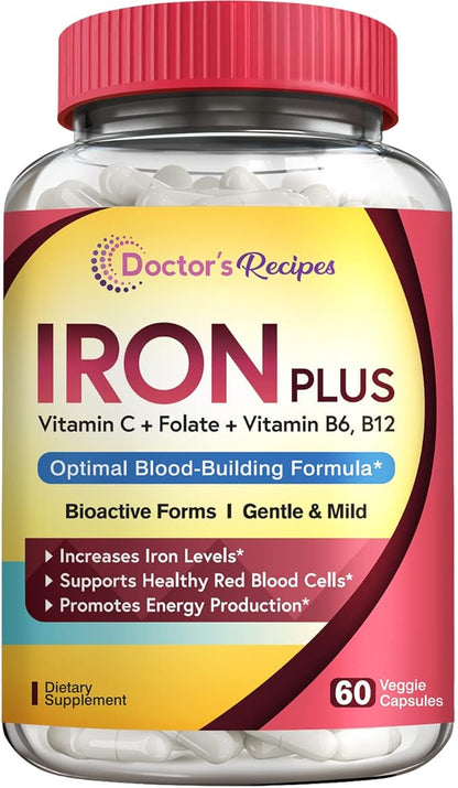 Doctor's Recipes Iron Supplement, Iron Bisglycinate with Vitamin C, B6, Folate & B12, Non-Constipating, Stomach Friendly, Gentle Iron Pills for Iron Deficiency, Blood & Energy Support, 60 Vegan Caps