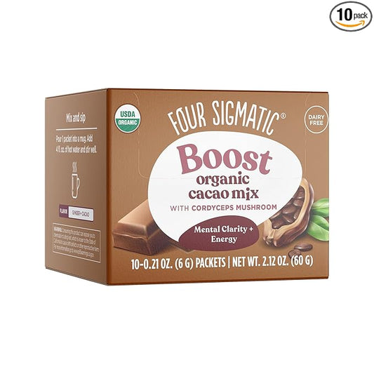 Four Sigmatic Boost Mushroom Cacao | Organic Instant Cacao with Cordyceps & Ginger | Supports Stamina & Energy | Drink it or Bake with it | 10 Packets