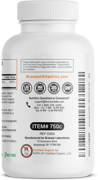 Bronson Vitamin D3 5,000 IU (1 Year Supply) for Immune Support, Healthy Muscle Function & Bone Health, High Potency Organic Non-GMO Vitamin D Supplement, 360 Tablets