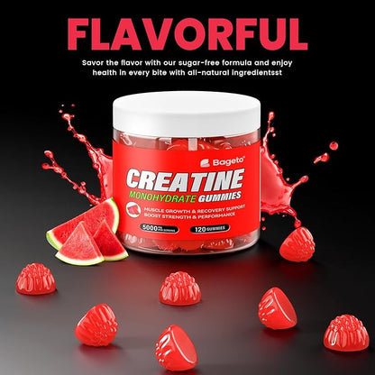 Creatine Monohydrate Gummies 5g for Men Women,Sugar Free Chewables Creatine Pre-Workout for Muscle Strength, Watermelon Flavor, 120 Count