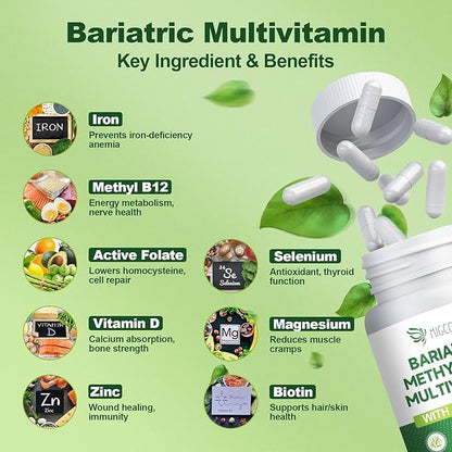 Bariatric Multivitamin with Iron 45mg, Methylated Multivitamin with Vitamin B12 & Methylfolate, Post Surgery Vitamins for Gastric Bypass & Sleeve Patients, Iron Supplement for Women & Men - 120 Caps