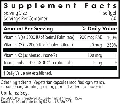 Allergy Research Group Vitamin D3 Complete - Vitamin D3 and K2 Supplement, Daily Balance, with Vitamin A, DeltaGold Tocotrienols, High Potency, Veggie Softgels - 60 Count