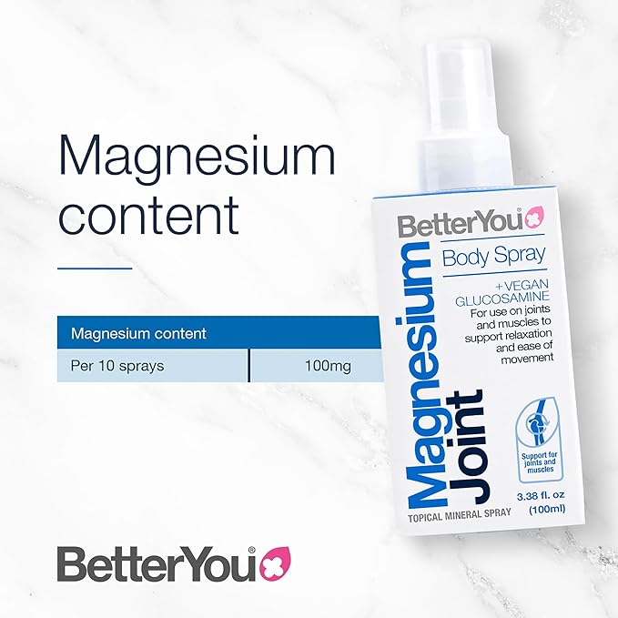 BetterYou Magnesium Joint Body Spray - Muscle Relief Spray - Topical Magnesium Chloride and Glucosamine - Cooling Menthol and Eucalyptus - 3.38 oz