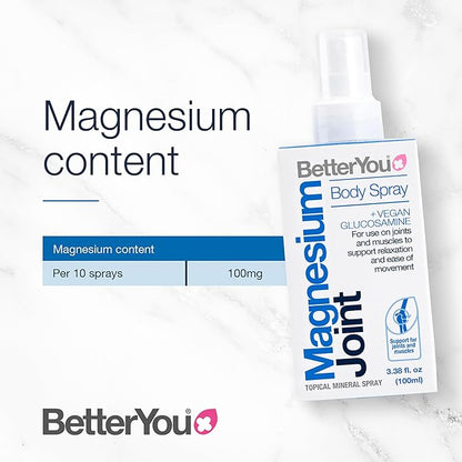 BetterYou Magnesium Joint Body Spray - Muscle Relief Spray - Topical Magnesium Chloride and Glucosamine - Cooling Menthol and Eucalyptus - 3.38 oz