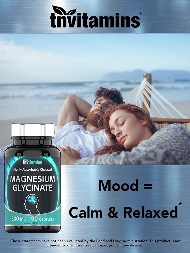 Magnesium Glycinate Capsules (300 MG Per Serving - 90 Count) | Pure Chelated Magnesium Bisglycinate Powder Supplement | Glicinato de Magnesio | for Sleep, Calm, Nerve, & Stress Support* | TNVitamins