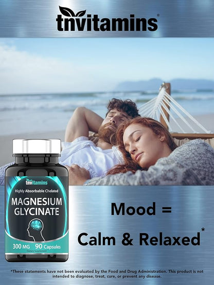 Magnesium Glycinate Capsules (300 MG Per Serving - 90 Count) | Pure Chelated Magnesium Bisglycinate Powder Supplement | Glicinato de Magnesio | for Sleep, Calm, Nerve, & Stress Support* | TNVitamins