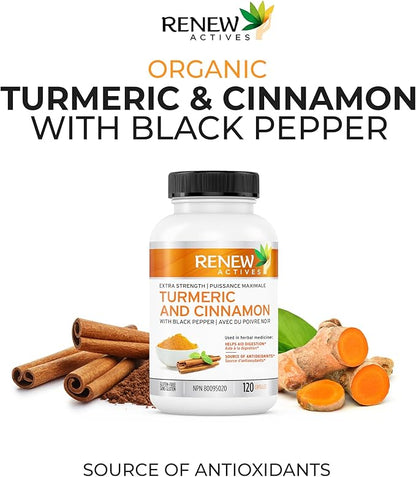 Renew Actives Organic Turmeric 474MG & Cinnamon 50MG per 2 Capsules – with Curcumin & BioPerine for Absorption – Supports Metabolism, Joint Health & Digestion – Made in Canada – 120 Capsules