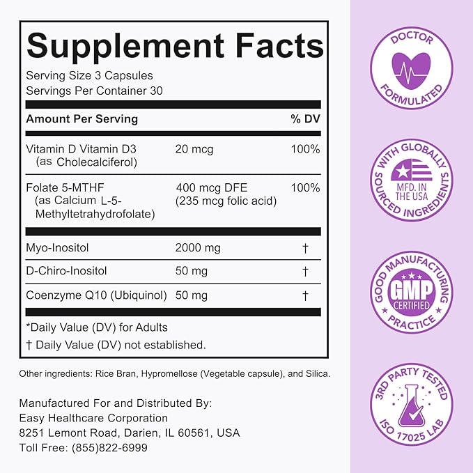 Premom Inositol Plus - 2000mg Myo-Inositol & 50mg D-Chiro Inositol, CoQ10, Folate & Vitamin D3-40:1 Ratio - Supports Hormonal Balance, Ovarian & Reproductive Health - 30 Day Supply