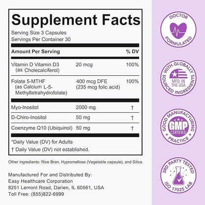 Premom Inositol Plus - 2000mg Myo-Inositol & 50mg D-Chiro Inositol, CoQ10, Folate & Vitamin D3-40:1 Ratio - Supports Hormonal Balance, Ovarian & Reproductive Health - 30 Day Supply