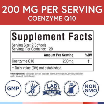 Terranics CoQ10 200mg, Coenzyme Q10 Supplement with Extra Virgin Olive Oil for Enhanced Absorption, Made in USA, Supports Heart Health, Antioxidant Protection, Energy Production, Non-GMO, 240 Softgels