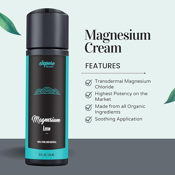 Natural Magnesium Lotion - Highest Potency - Over 1800 MG/oz - 300 mg/tsp - Not Water Based -elepure PURE elements - 8 oz
