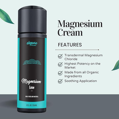Natural Magnesium Lotion - Highest Potency - Over 1800 MG/oz - 300 mg/tsp - Not Water Based -elepure PURE elements - 8 oz
