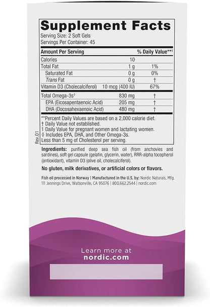 Nordic Naturals Pro Prenatal DHA, Unflavored - 830 mg Omega-3 + 400 IU Vitamin D3-90 Soft Gels - Supports Brain Development in Babies During Pregnancy & Lactation - Non-GMO - 45 Servings