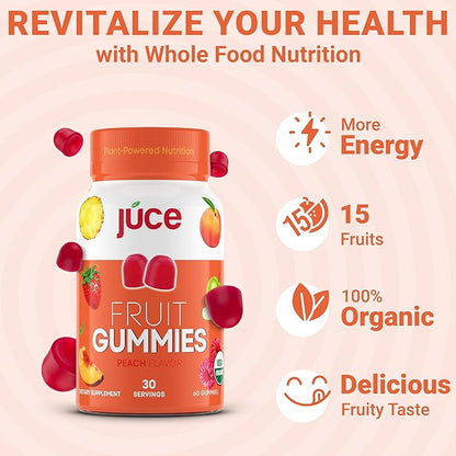 Juce Fruit Gummies with Peach Flavor - Superfood Gummies Delights for Optimal Health By Terra Kai Organics