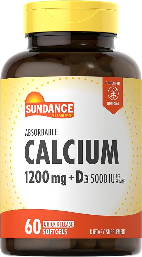 Sundance Calcium 1200 mg with Vitamin D3 5000 IU | 60 Absorbable Softgels | Non-GMO & Gluten Free Supplement