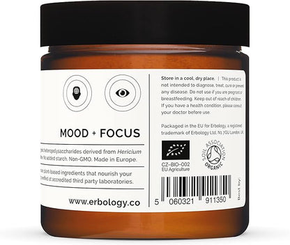 Erbology Organic Lion's Mane Mushroom Powder 50 Servings - 32% Beta-glucans - Calm and Focus - Hericium Erinaceus - Small Batch - Sustainably Grown in Europe - Vegan - Non-GMO - No Added Fillers