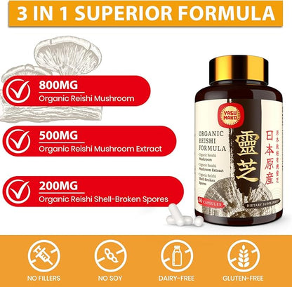 Japanese Reishi Mushroom Supplement 800mg with Reishi Mushroom Extract 500mg & Shell-Broken Spores 200mg,Organic Mushroom Capsules for Immune System - Real Fruiting Body (Pack of 2)