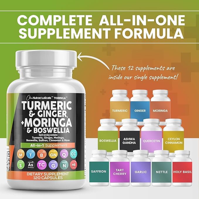 Turmeric Moringa Supplement | Ginger Boswellia Saffron - Supplement for Women and Men with Ceylon Cinnamon, Tart Cherry, Quercetin Garlic Nettle Holy Basil - 5Pack