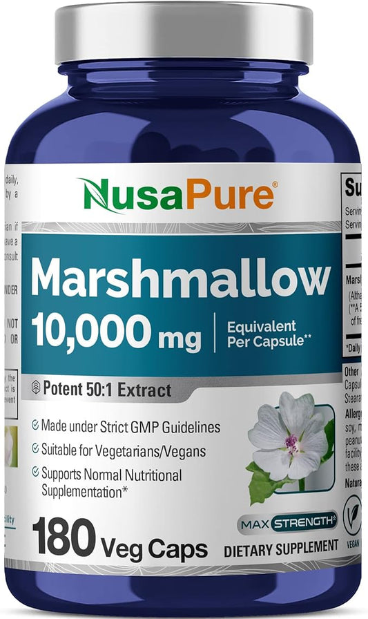 NusaPure Marshmallow Root 50:1 Extract, 200 mg Equivalent to 10,000mg Per Veggie Caps 180 Count (Non-GMO, Vegan) Bioperine