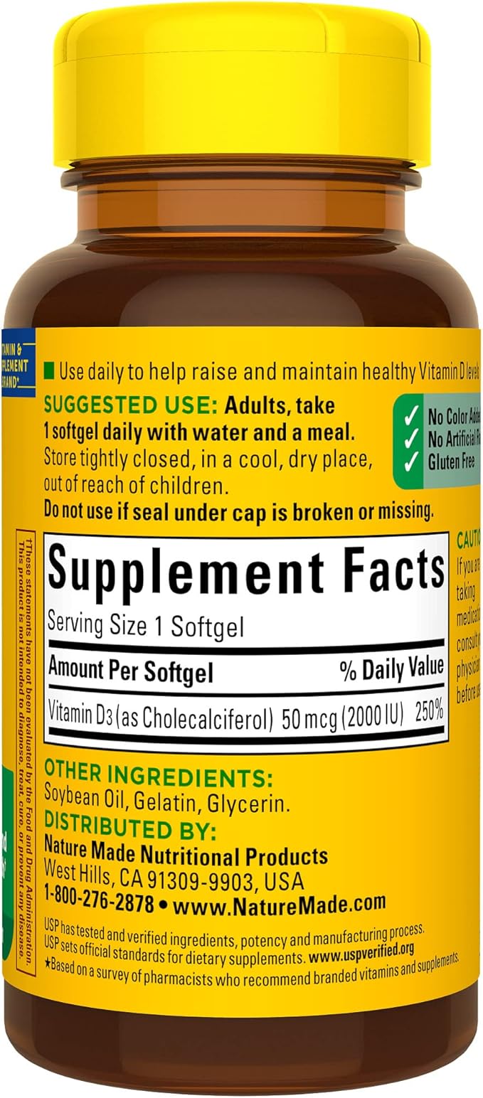 Nature Made Vitamin D3 2000 IU (50 mcg), Dietary Supplement for Bone, Teeth, Muscle and Immune Health Support, 90 Softgels, 90 Day Supply (Pack of 2)