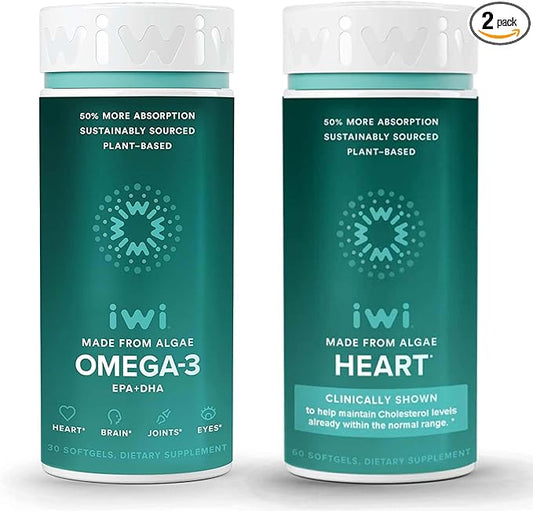 Iwi Omega-3 & Heart Omega-3 Bundle, 30 Servings, Vegan Plant-Based Algae Omega 3, Krill & Fish Oil Alternative, No Fishy Aftertaste