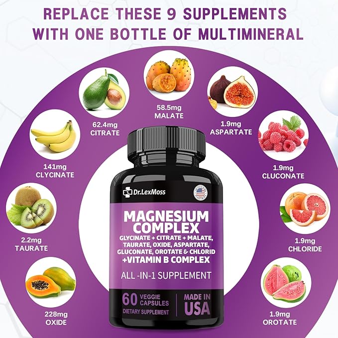 Magnesium Complex 2285mg with Magnesium Glycinate Citrate Malate Oxide Taurate Aspartate Gluconate Orotate & Mag Chloride, Zinc Copper Manganese & Vitamin C B1 B2 B6 B12 Complex - 60 Count USA