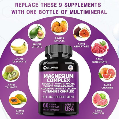 Magnesium Complex 2285mg with Magnesium Glycinate Citrate Malate Oxide Taurate Aspartate Gluconate Orotate & Mag Chloride, Zinc Copper Manganese & Vitamin C B1 B2 B6 B12 Complex - 60 Count USA